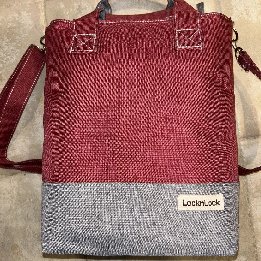 Lock & Lock Insulated Lunch Bag Red & Gray Double Zippered with Shoulder Strap